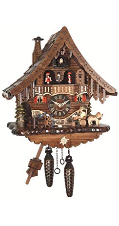 Engstler Quartz Cuckoo Clock Black Forest house with moving beer drinker and mill wheel, with music EN 471 QMT