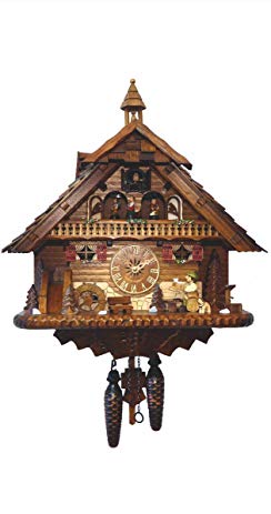 Engstler Quartz Cuckoo Clock Black Forest house with moving beer drinker and mill wheel, with music