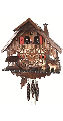 Quartz Cuckoo Clock Black Forest house with moving beer drinker and mill wheel, with music