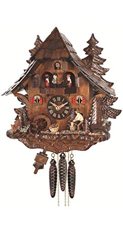Quartz Cuckoo Clock Black Forest house with moving wood chopper and mill wheel, with music