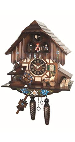 Engstler Quartz Cuckoo Clock with Musik Black Forest house with moving beer drinkers and mill wheel EN 464 QMT