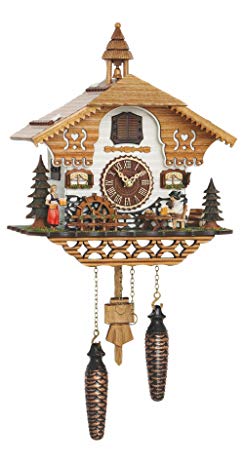 Quartz Cuckoo Clock Black Forest house with moving beer drinker and mill wheel, with music TU 4214 QM