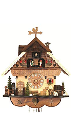 Quartz Cuckoo Clock Black Forest house with moving wood chopper and mill wheel, with music