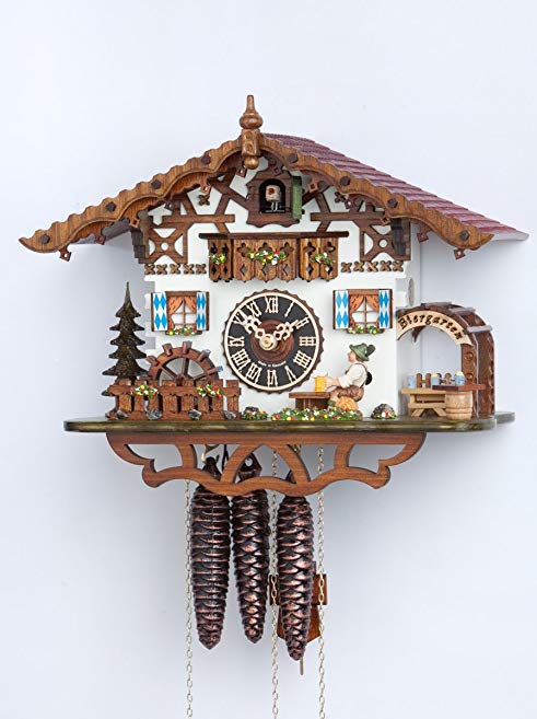 Hönes Cuckoo Clock Swiss house with moving beer drinker and mill wheel