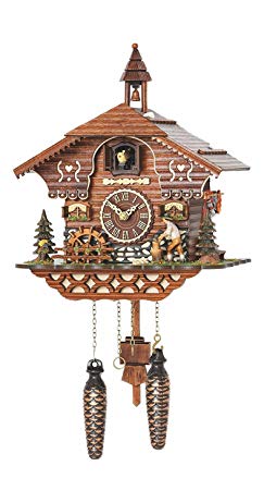 Trenkle Quartz Cuckoo Clock Black Forest house with moving wood chopper and mill wheel, with music TU 4217 QM