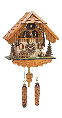 Trenkle Quartz Cuckoo Clock Black Forest house with moving wood chopper and mill wheel, with music TU 498 QMT HZZG