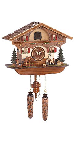 Trenkle Quartz Cuckoo Clock Black Forest house with moving wood chopper and mill wheel, with music TU 477 QM HZZG
