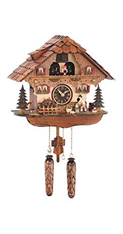 Trenkle Quartz Cuckoo Clock Black Forest house with moving wood chopper and mill wheel, with music TU 484 QMT HZZG