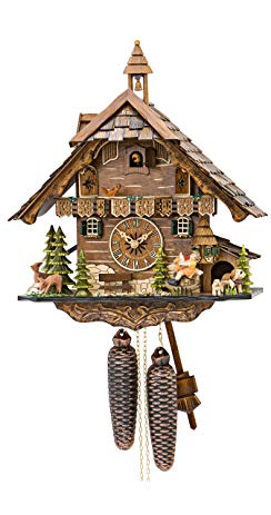 Quartz Cuckoo Clock Black forest house, turning mill-wheel, moving seesaw