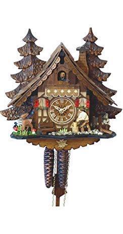 Engstler Cuckoo Clock Black Forest house with moving wood chopper