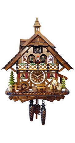 Engstler Quartz Cuckoo Clock Black Forest house with moving wood chopper and mill wheel, with music