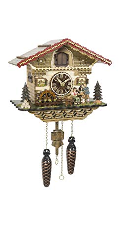 Quartz Cuckoo Clock Black Forest house with moving beer drinker and mill wheel, with music TU 4222 QM