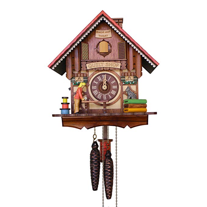 Quilt Shop Cuckoo Clock w/1-Day Movement: It’s Animated! When Cuckoo Calls Quilter Rotary Cuts & Kitty Hops with Joy. Designed in US. Made by Anton Schneider in Germany for a Quilter!
