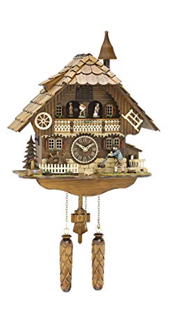 Trenkle Quartz Cuckoo Clock Black forest house with music, moving wanderer and mill-wheel, turning dancers TU 496 QMT HZZG